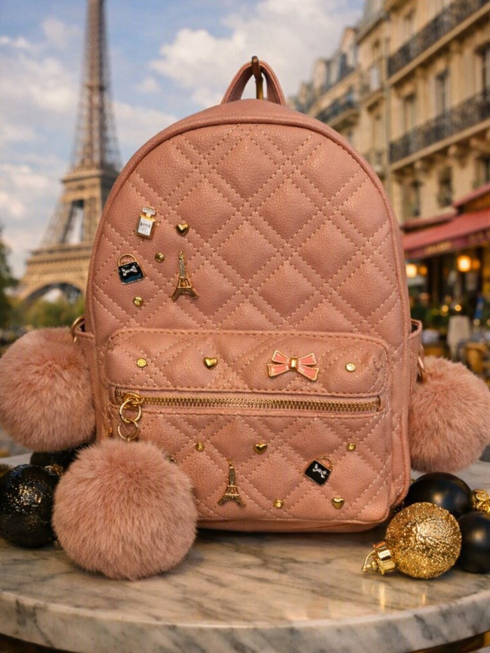 Trendy Pink Quilted Backpack Purse for Girls & Teens - PU Leather, Pompom and